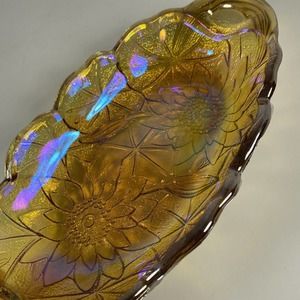 Indiana Carnival Glass Marigold Sunflower Oval Handled Dish Amber Candy Bowl
